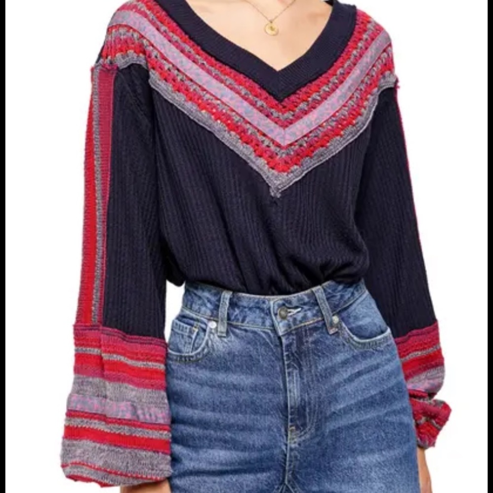 FREE PEOPLE Copenhagen Thermal Knit Cuff Sweater Top Navy